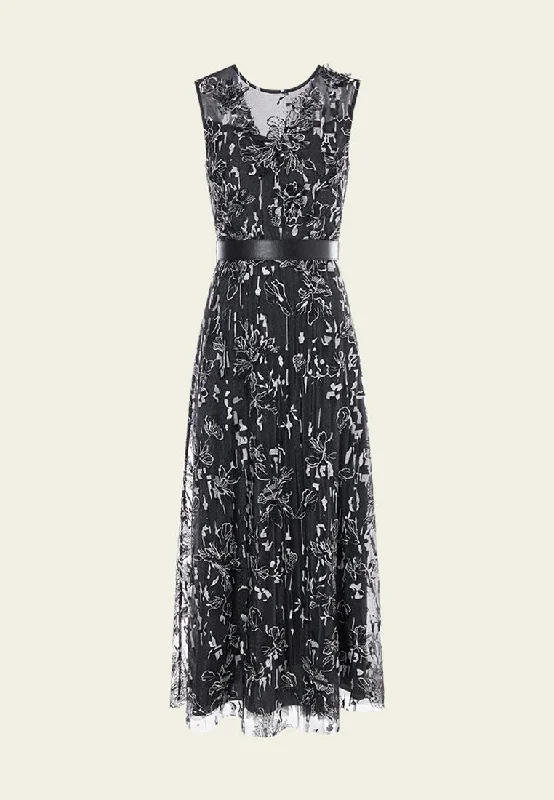 Black Floral Mesh Sleeveless Dress with Belt