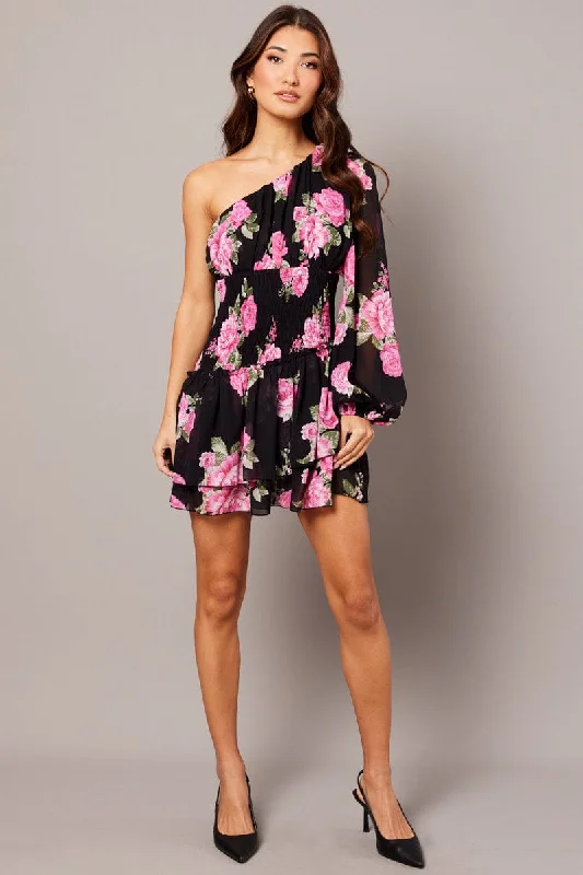 Black Floral One Shoulder Balloon Sleeve Layered Skater Dress