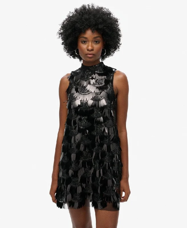 A-Line Fringe Sequin Dress | Black Sequin