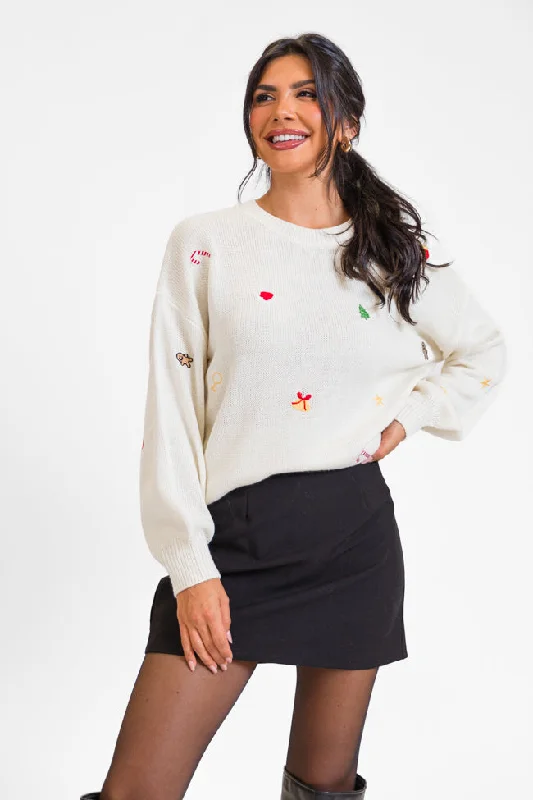 Magic Of The Holidays Cream Embroidered Sweater