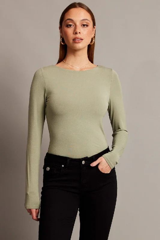 Green Top Long Sleeve Boat Neck Modal